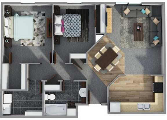 A top-down view of a small apartment with a kitchen, living room, and bathroom.
