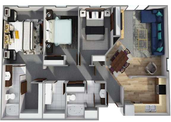 A 3D floor plan of a house with a kitchen, living room, and bedrooms.