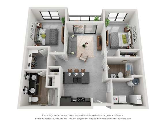 Floor Plan  A 3D floor plan of a house with a kitchen, living room, and two bedrooms.