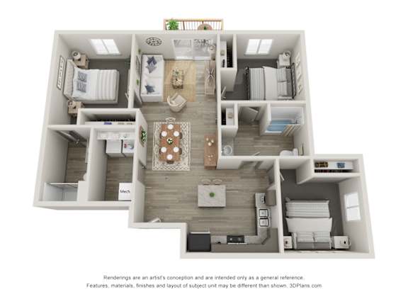 A 3D floor plan of a house with a kitchen, living room, and bedrooms.