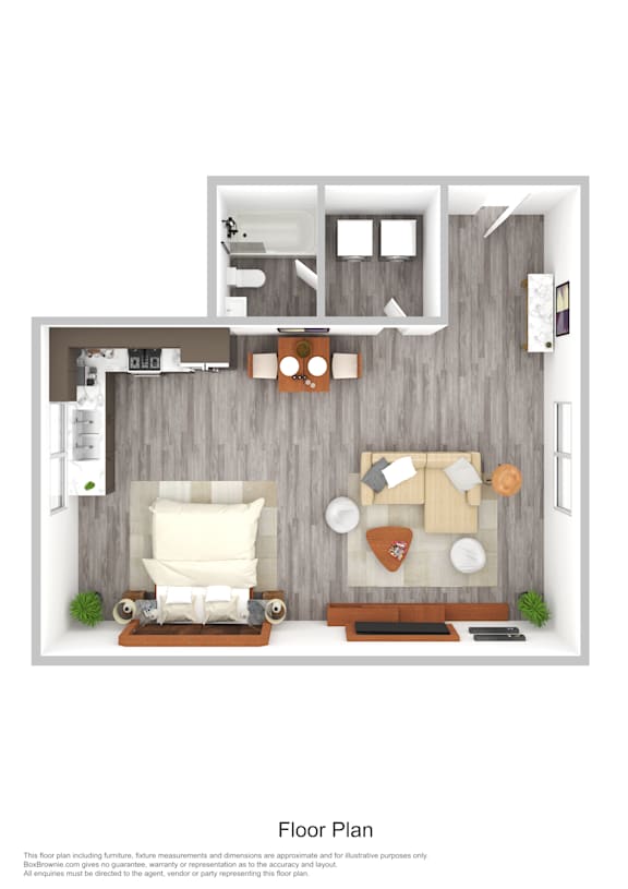 A floor plan of a small apartment with a bedroom, living room, and kitchen.