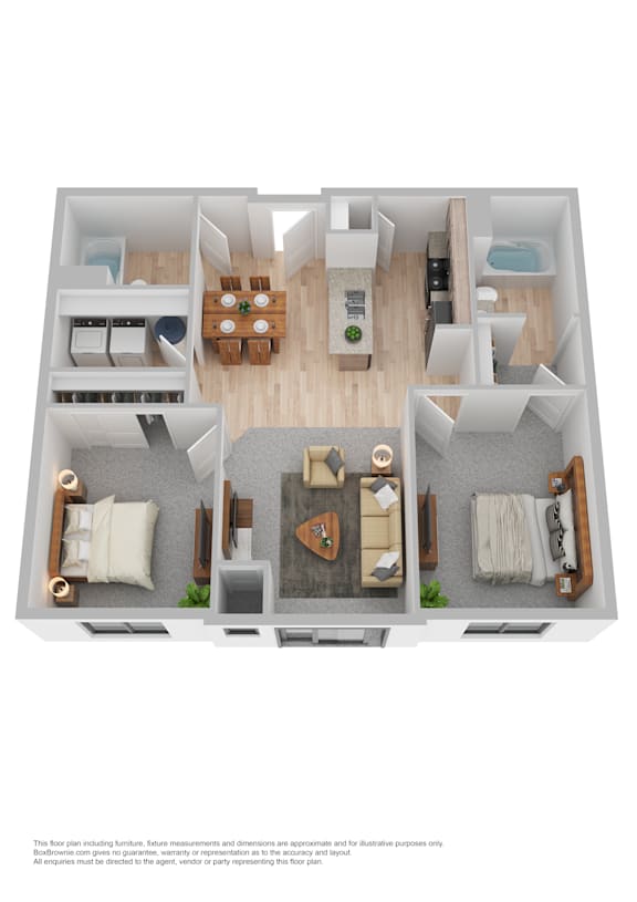 A 3D floor plan of a small apartment with a kitchen, living room, and bedroom.