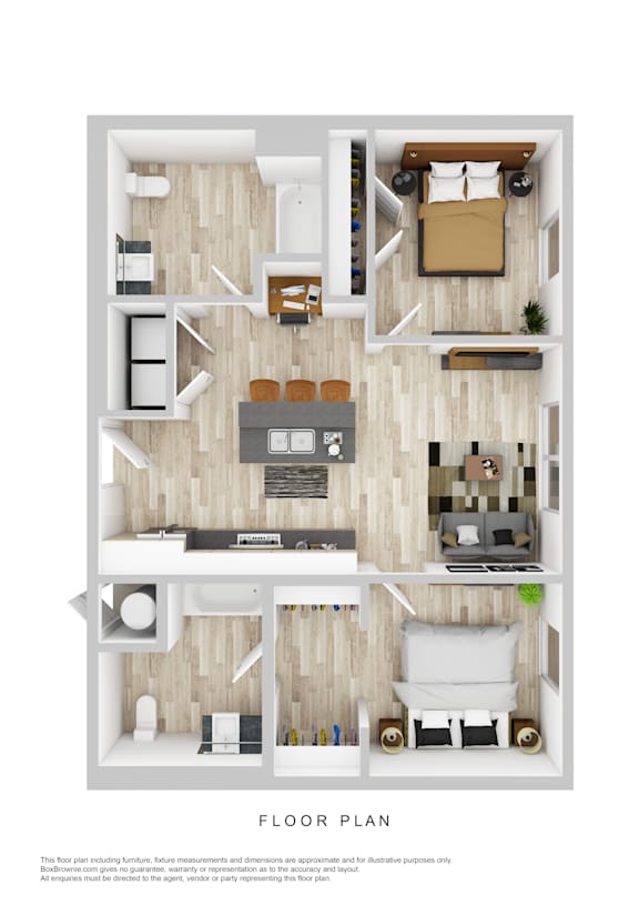 A floor plan of a house with a living room, kitchen, and two bedrooms.