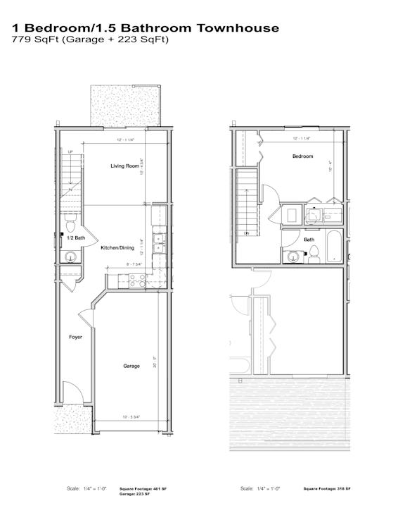 A floor plan for a 1 Bedroom/1.5 Bathroom Townhouse.