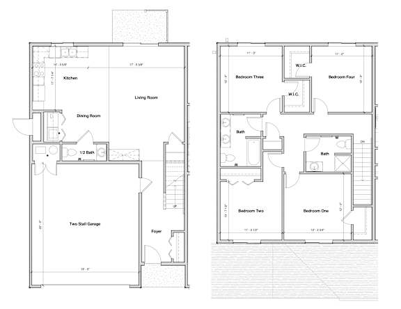 A floor plan of a house with two garages and four bedrooms.