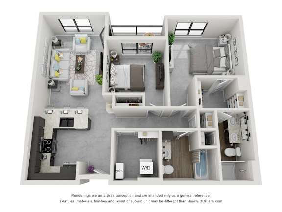 A 3D floor plan of a house with a kitchen, living room, and bedrooms.
