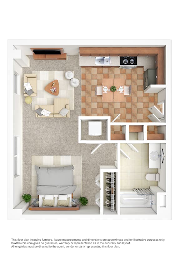 Floor Plan  A floor plan of a small apartment with a living room, kitchen, and bathroom.