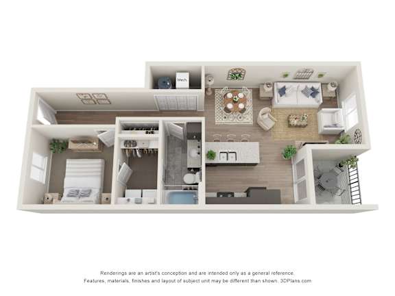 A 3D floor plan of a house with a kitchen, living room, and two bedrooms.