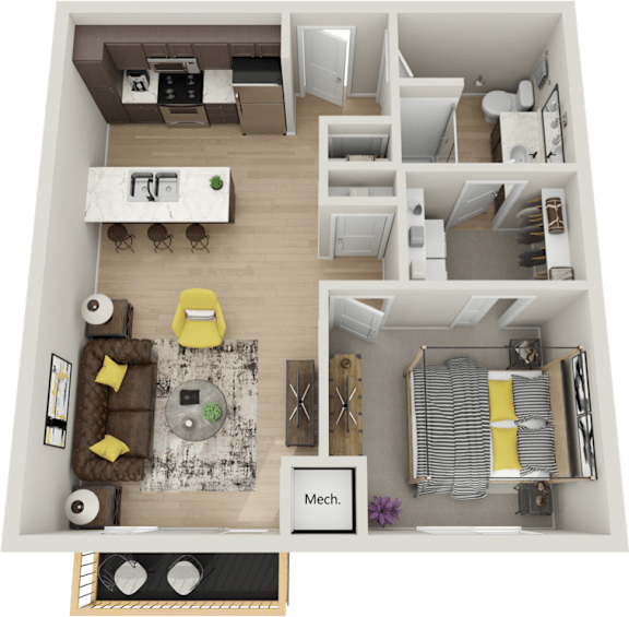 A floor plan of a house with a living room, kitchen, and bathroom.