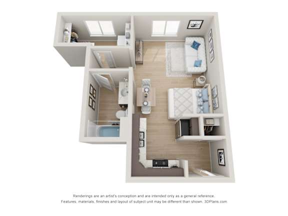 A 3D floor plan of a small apartment with a kitchen, living room, and two bedrooms.