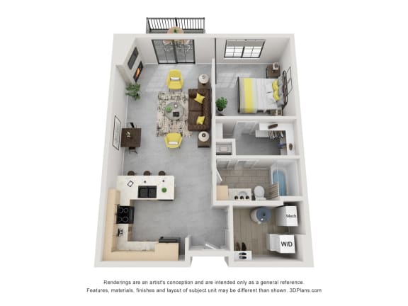 a stylized floor plan of a 1 bedroom apartment with a bathroom and a balcony