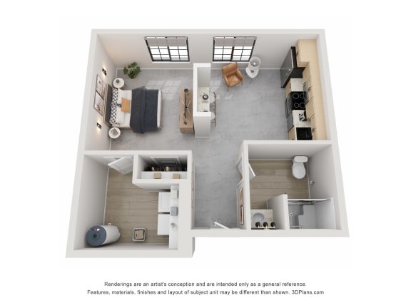 a stylized floor plan with a bedroom and a living room