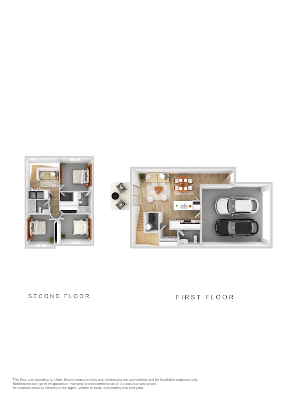 A floor plan of a two-story house with labeled first and second floors.