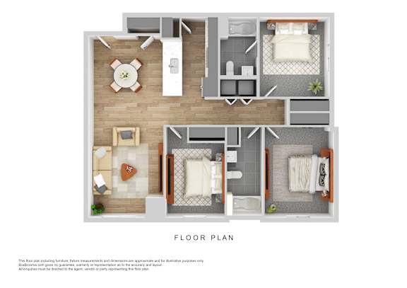 A floor plan of a house with a living room, kitchen, dining room, and two bedrooms.