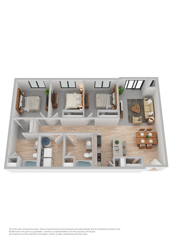 A 3D floor plan of a small apartment with a kitchen, living room, and bedrooms.