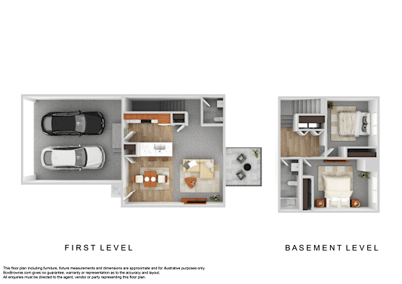 A floor plan of a house showing the first level and basement level.