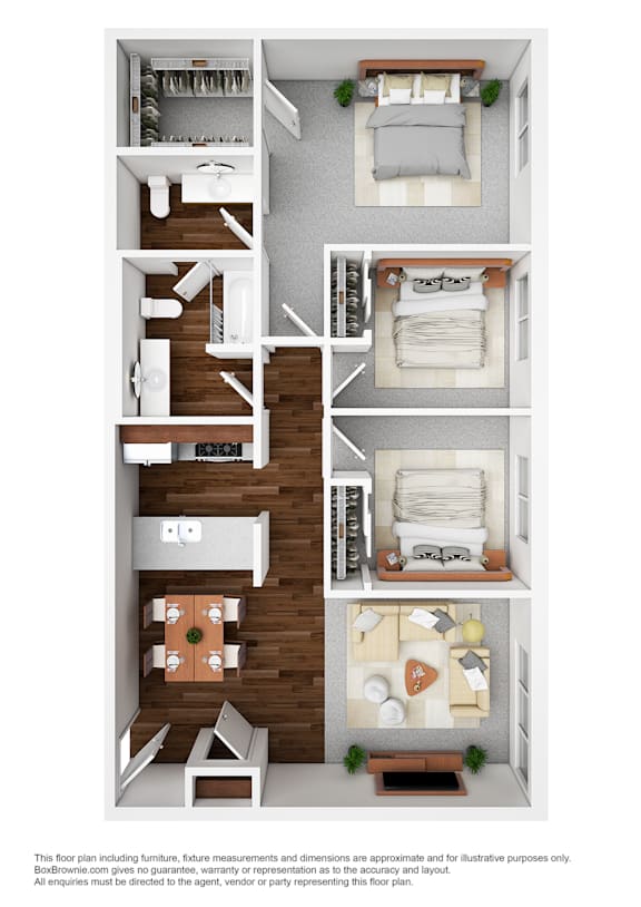 A floor plan of a house with a living room, dining room, kitchen, and bedrooms.