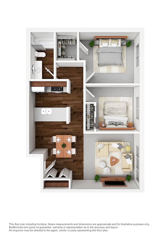 A floor plan of a small apartment with a kitchen, living room, and bedrooms.