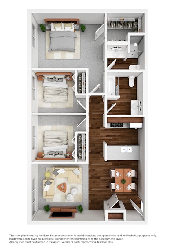 A floor plan of a small apartment with two bedrooms, a living room, and a kitchen.