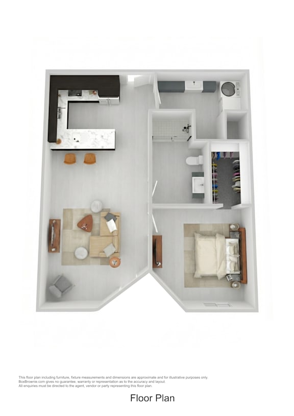 A floor plan of a small apartment with a kitchen, living room, and bathroom.