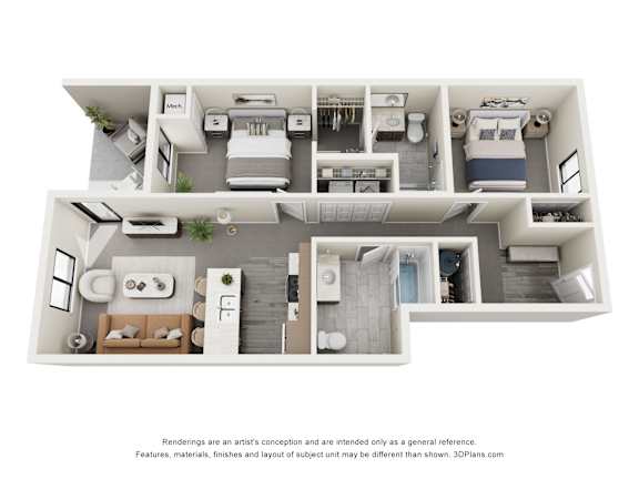 Floor Plan  A 3D floor plan of a house with a kitchen, living room, and bathrooms.