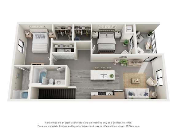 Floor Plan  A 3D floor plan of a small apartment with a kitchen, living room, and bathroom.