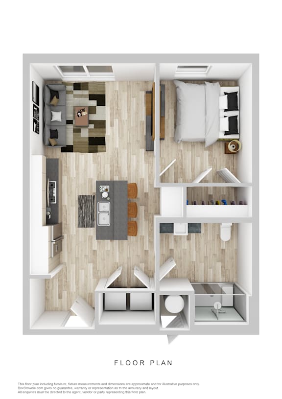 A floor plan of a small apartment with a kitchen, living room, and bedroom.