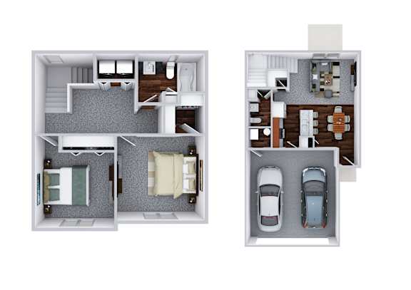 Two floor plan images of a house with a garage.