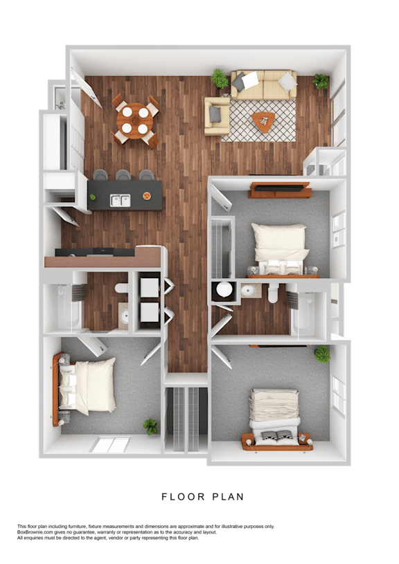 A detailed 3D floor plan of a small apartment layout.