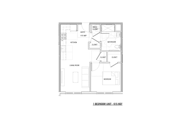 A floor plan of a bedroom unit with a living room and kitchen.