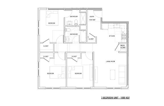 A floor plan of a 3 bedroom unit with 1080 square feet of living space.