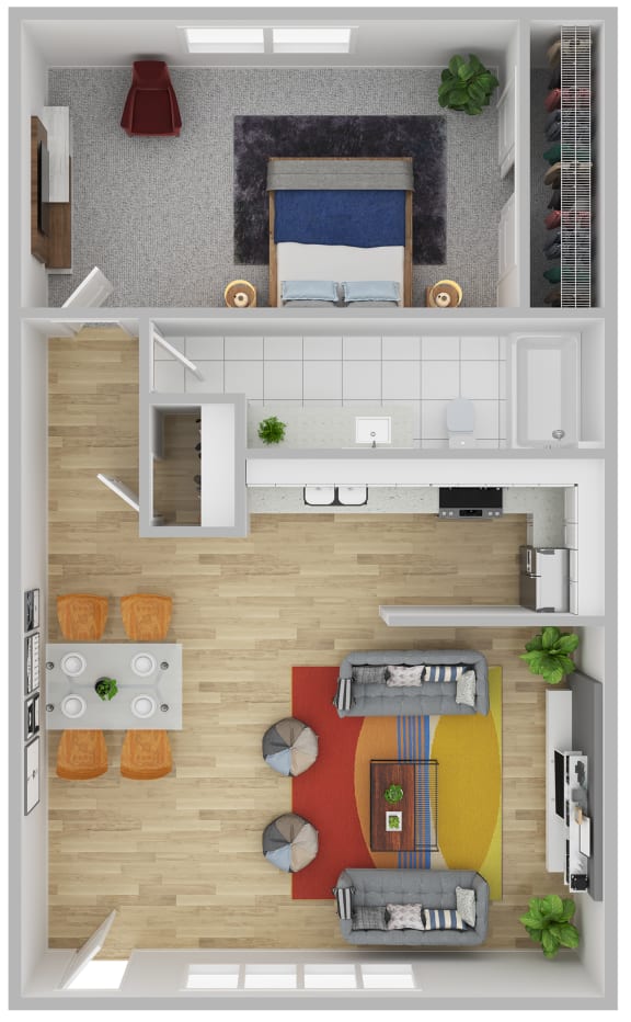 a stylized floor plan of a studio apartment