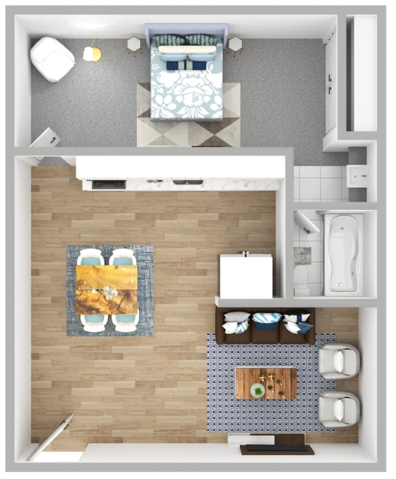 Floor Plan  a stylized floor plan of a bedroom with a bathroom