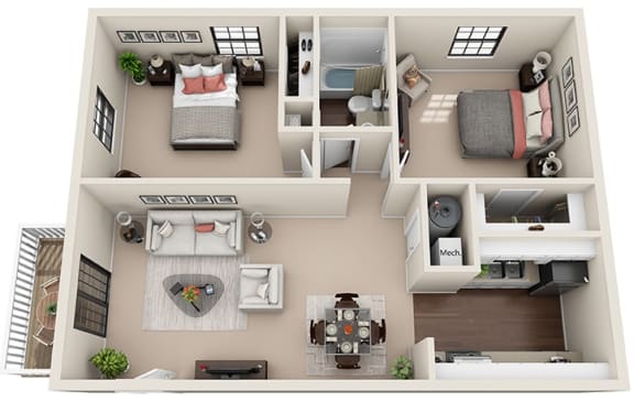 a spacious bedroom with two beds and a living room with a fireplace