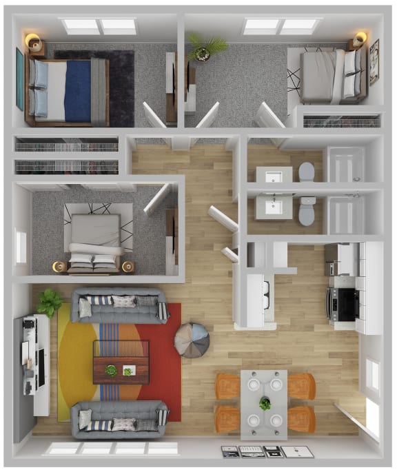 a 3d drawing of the floor plan of a modern apartment