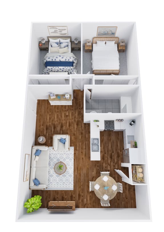 Floor Plan  a stylized floor plan of a two bedroom apartment with two bathrooms and a balcony