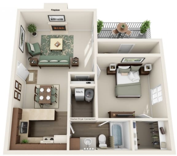 this is a 3d floor plan of a 846 square foot 1 bedroom apartment at the