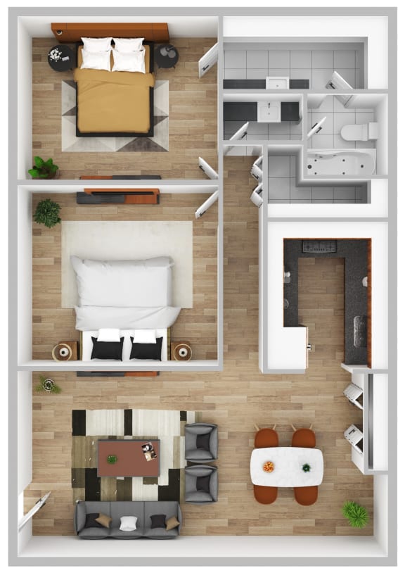 a 3d rendering of the living room and bedroom of an apartment