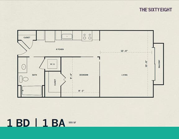 One bedroom one bathroom floor plan at THE'68 Apartments, San Antonio, TX 78205