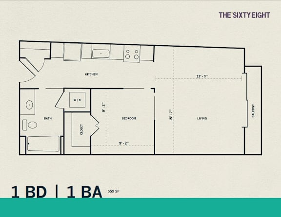 One bedroom one bathroom floor plan at THE'68 Apartments, San Antonio, TX
