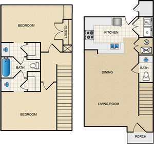 A floor plan of a house with two bedrooms, a living room, a dining area, a kitchen, a bathroom, and a porch.