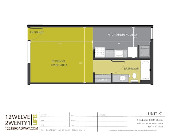 Studio floor plan with bedroom living area at 1221 Broadway Lofts Apartments, San Antonio, 78215