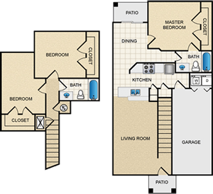 A floor plan of a house with two bedrooms, a living room, a kitchen, a garage, a master bedroom, and a patio.