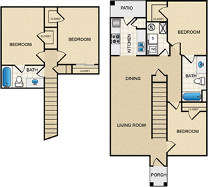 A floor plan of a two-story house with a living room, dining room, kitchen, and multiple bedrooms.