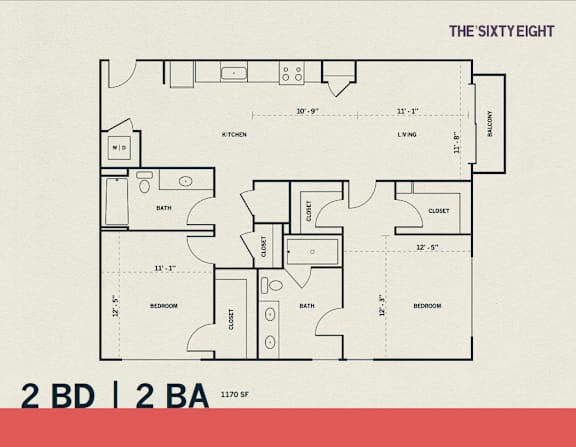 Floor Plan  Two bedroom two bathroom floor plan at THE'68 Apartments, San Antonio