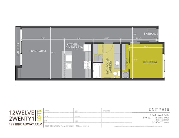 One bedroom floor plan with bathroom and living area at 1221 Broadway Lofts Apartments, San Antonio