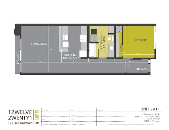 One bedroom one bath floor plan layout at 1221 Broadway Lofts Apartments, Texas