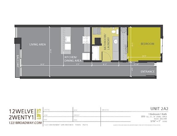 One bedroom one bath loft floor plan at 1221 Broadway Lofts Apartments, San Antonio, TX 78215