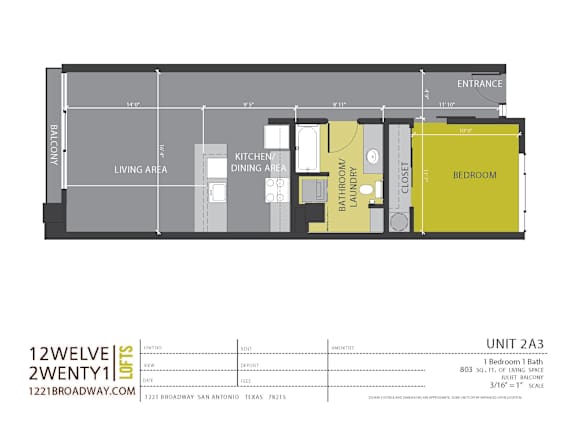 One bedroom apartment floor plan layout at 1221 Broadway Lofts Apartments, San Antonio, TX