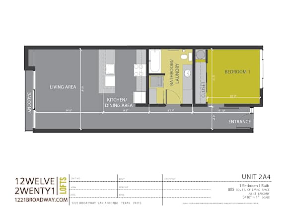 One bedroom floor plan with balcony and laundry at 1221 Broadway Lofts Apartments, San Antonio, 78215
